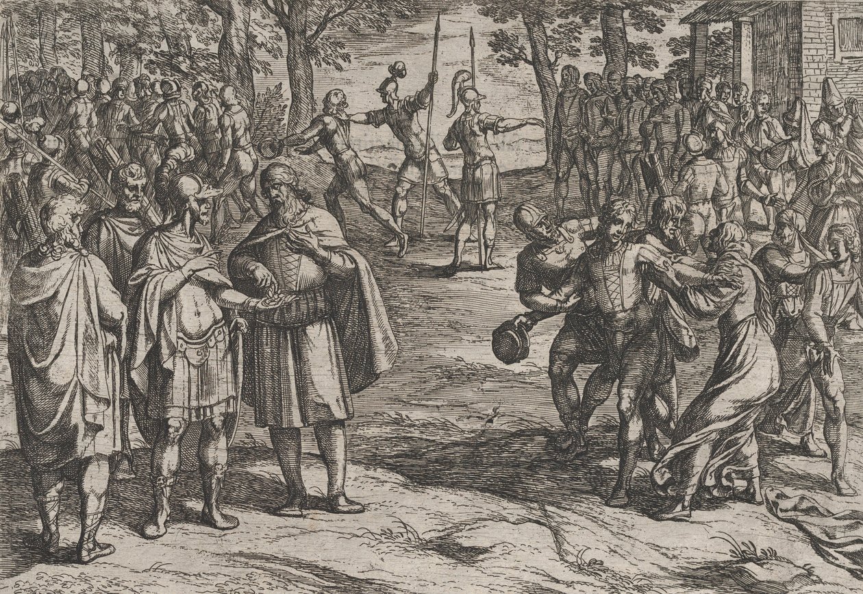 Plate 2: The Romans Taking Old Dutch Men as Hostages and Seducing Young Ones, from The War by Antonio Tempesta