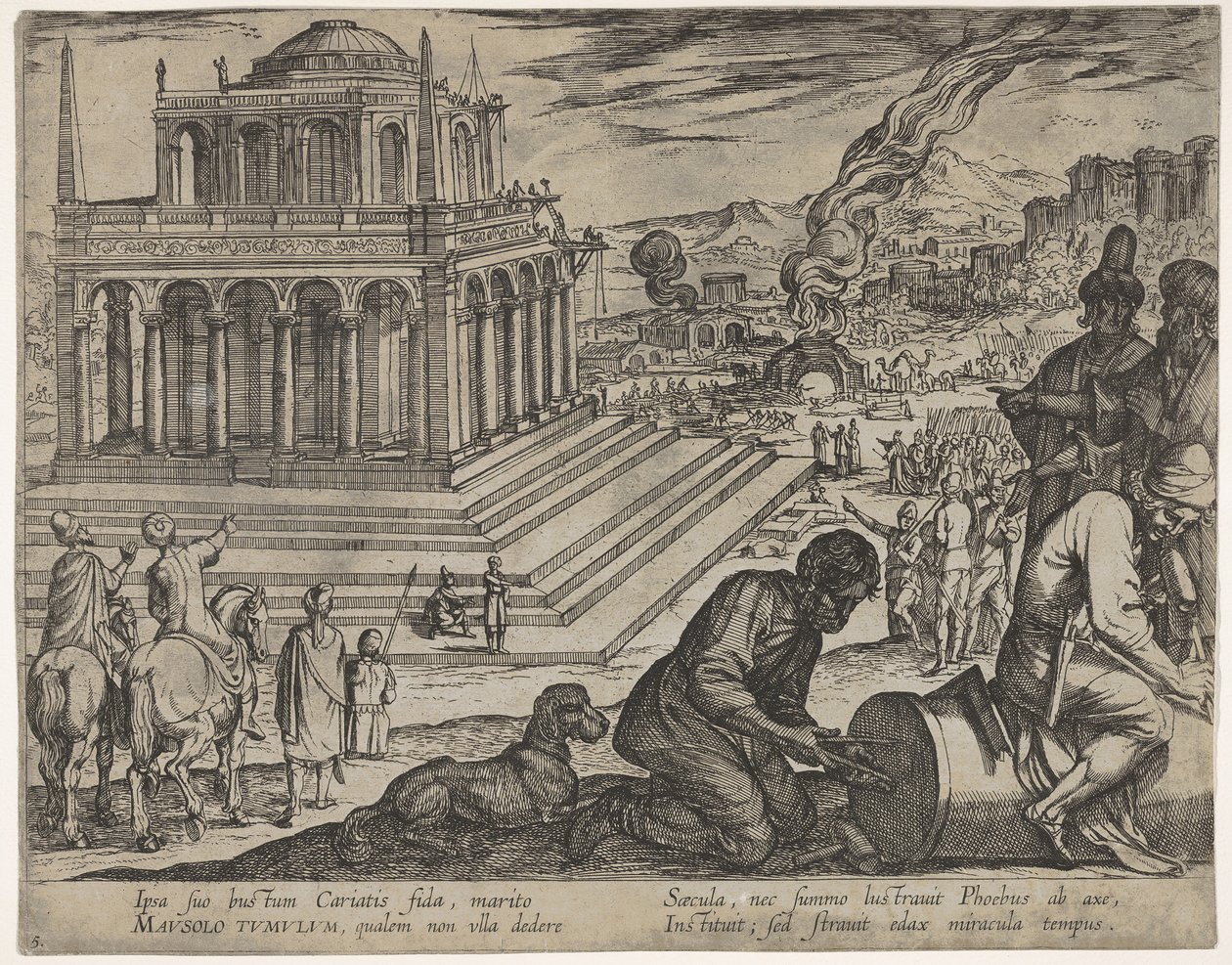 Plate 5: Tomb of Mausolus, Stone Masons Make a Column at the Right, from The Seven Wonders by Antonio Tempesta