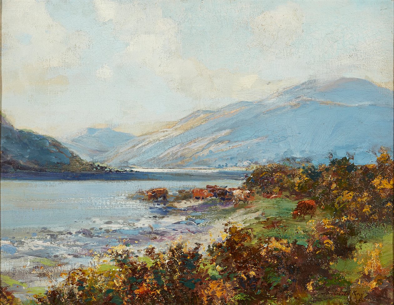 Highland Scene With Cattle Watering by Archibald Kay