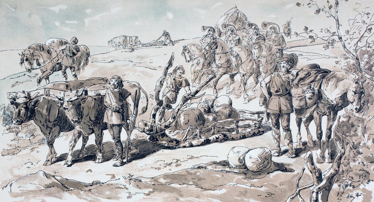 Oxen drawing a primitive sled laden with rocks by Armand Jean Heins