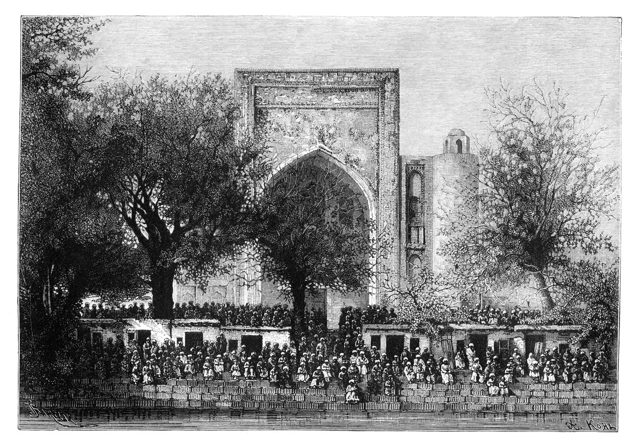 An assembly before the mosque in Bukhara, Uzbekistan by Armand Kohl