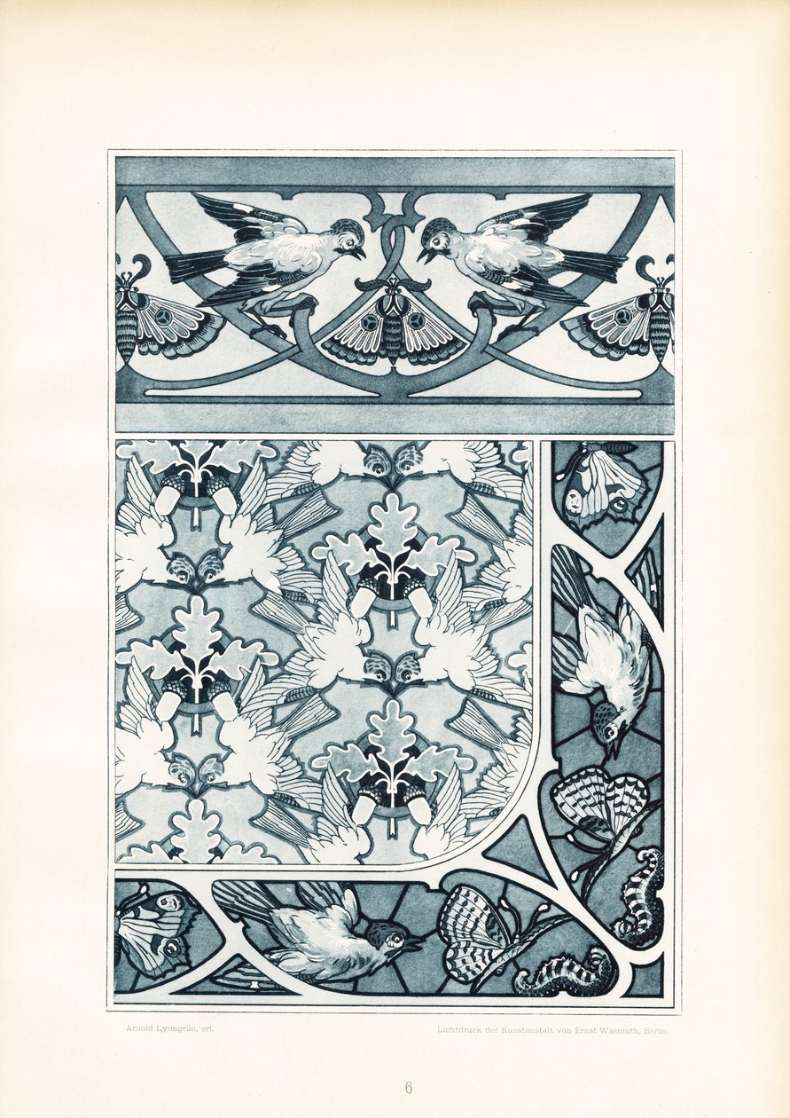 Bird Ornaments and Butterfly Patterns in Blue Tones by Arnold Lyongrün