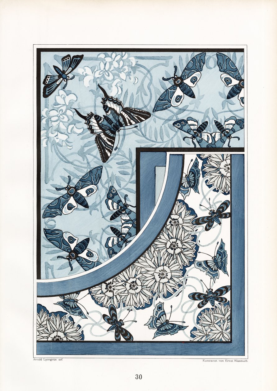 Butterflies and Moths in Blue-White Floral Pattern by Arnold Lyongrün
