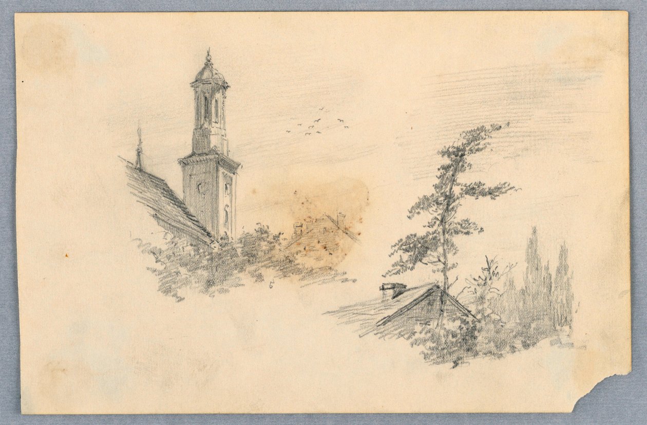 Sketch of Church Tower and Roof Top by Arnold William Brunner