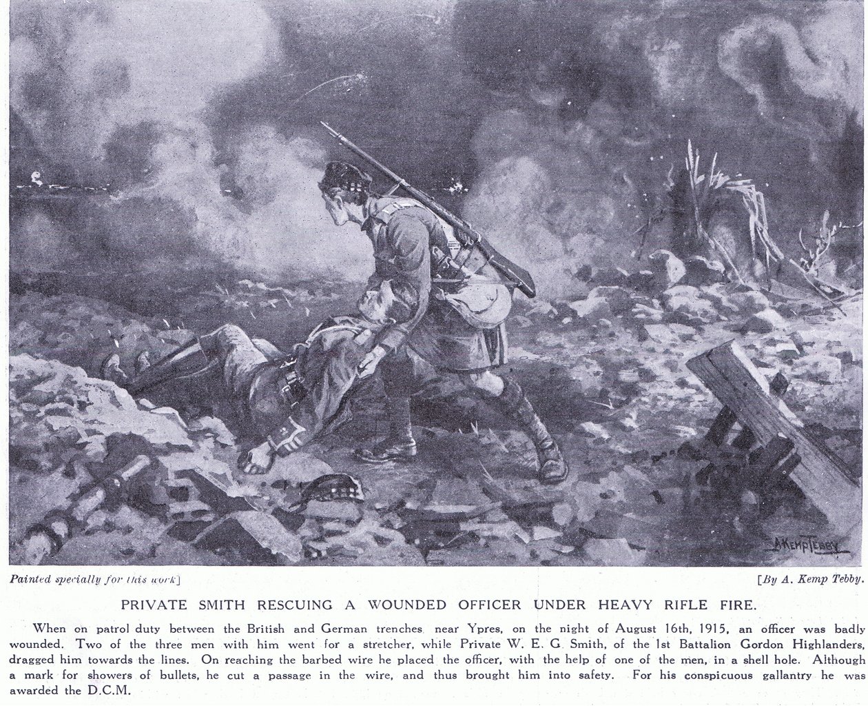 Private Smith rescuing a wounded officer under heavy fire awarded DCM Ypres August 1915 by Arthur Kemp Tebby