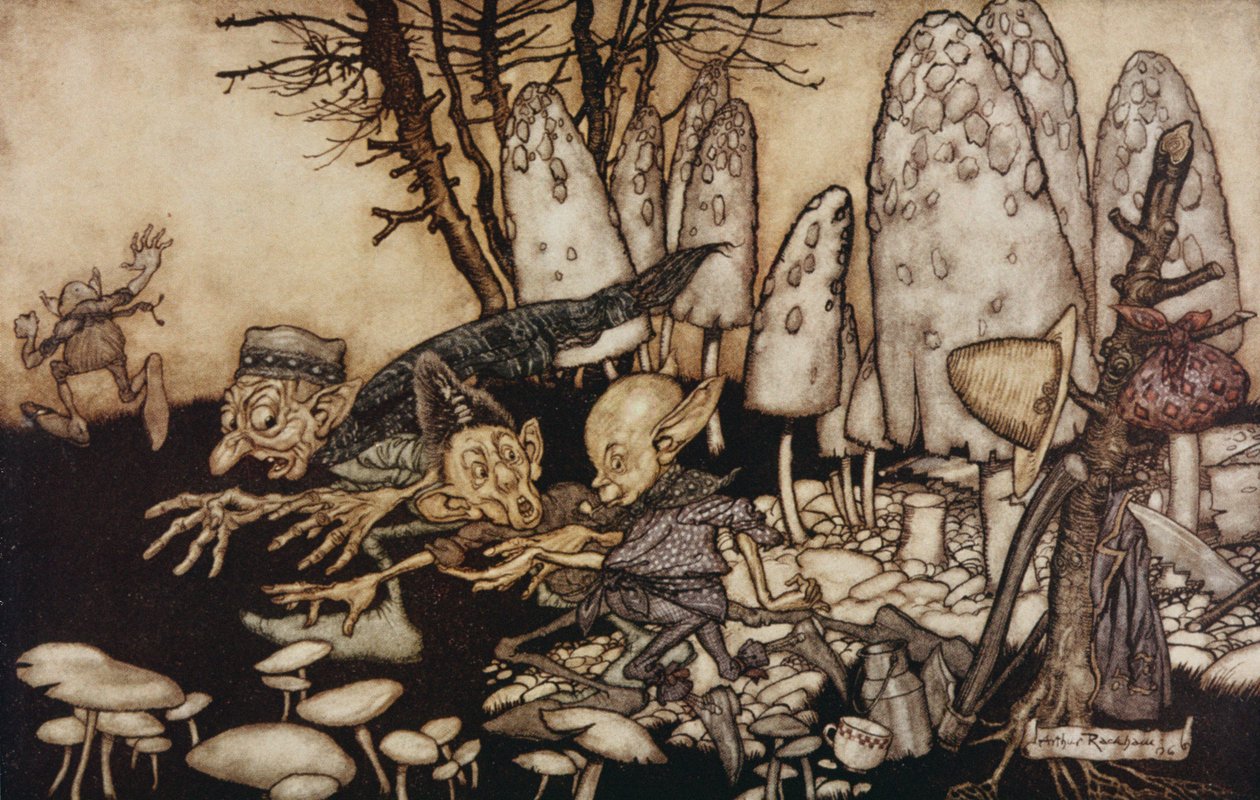 A band of workmen, who were sawing down a toadstool, rushed away, leaving their tools behind them from 
