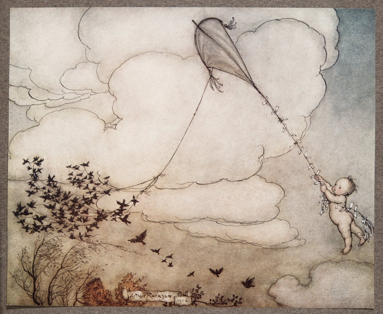 A Hundred Flew Off with the String, and Peter Clung to the Tail, from Peter Pan in Kensington Gardens by J. M. Barrie, pub. 1906 by Arthur Rackham