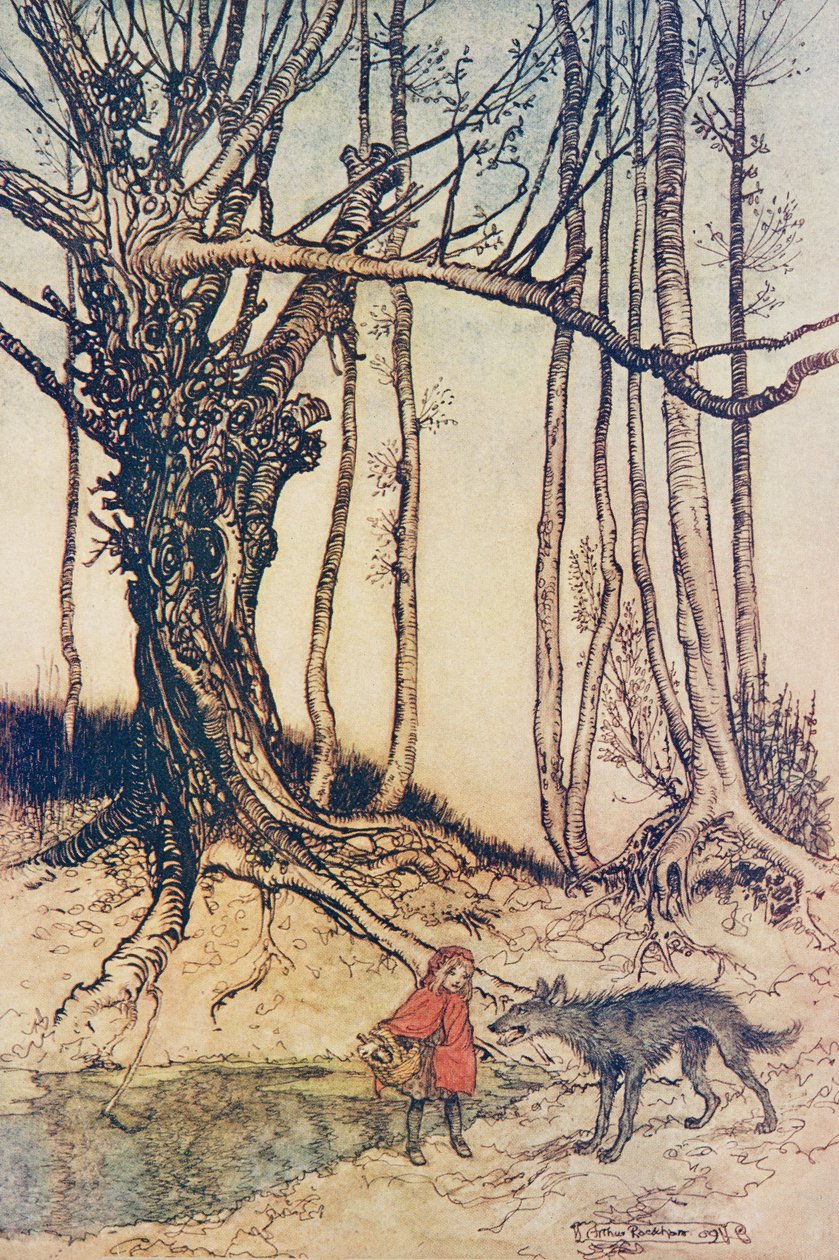 When She Got to the Wood She Met a Wolf, from The Fairy Tales of the Brothers Grimm, pub. 1909 by Arthur Rackham