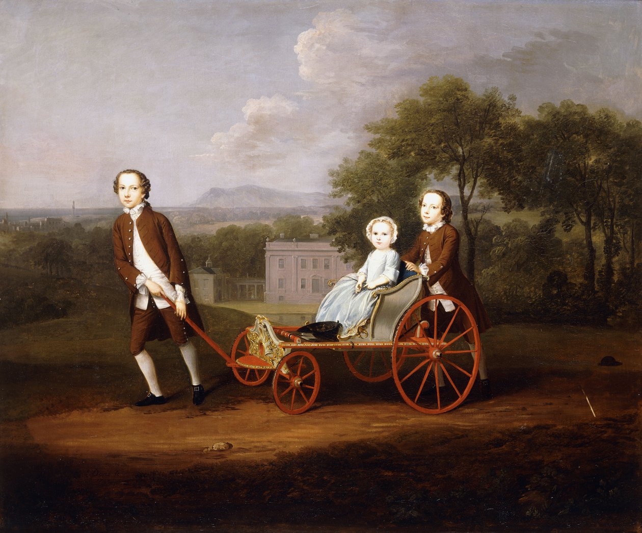 A Group Portrait of Three of the Children of Peter and Mary Du Cane, All Small Full-Length, Playing with an Elaborate Dog-Cart, in the Grounds of a Country House, 1747 by Arthur Devis