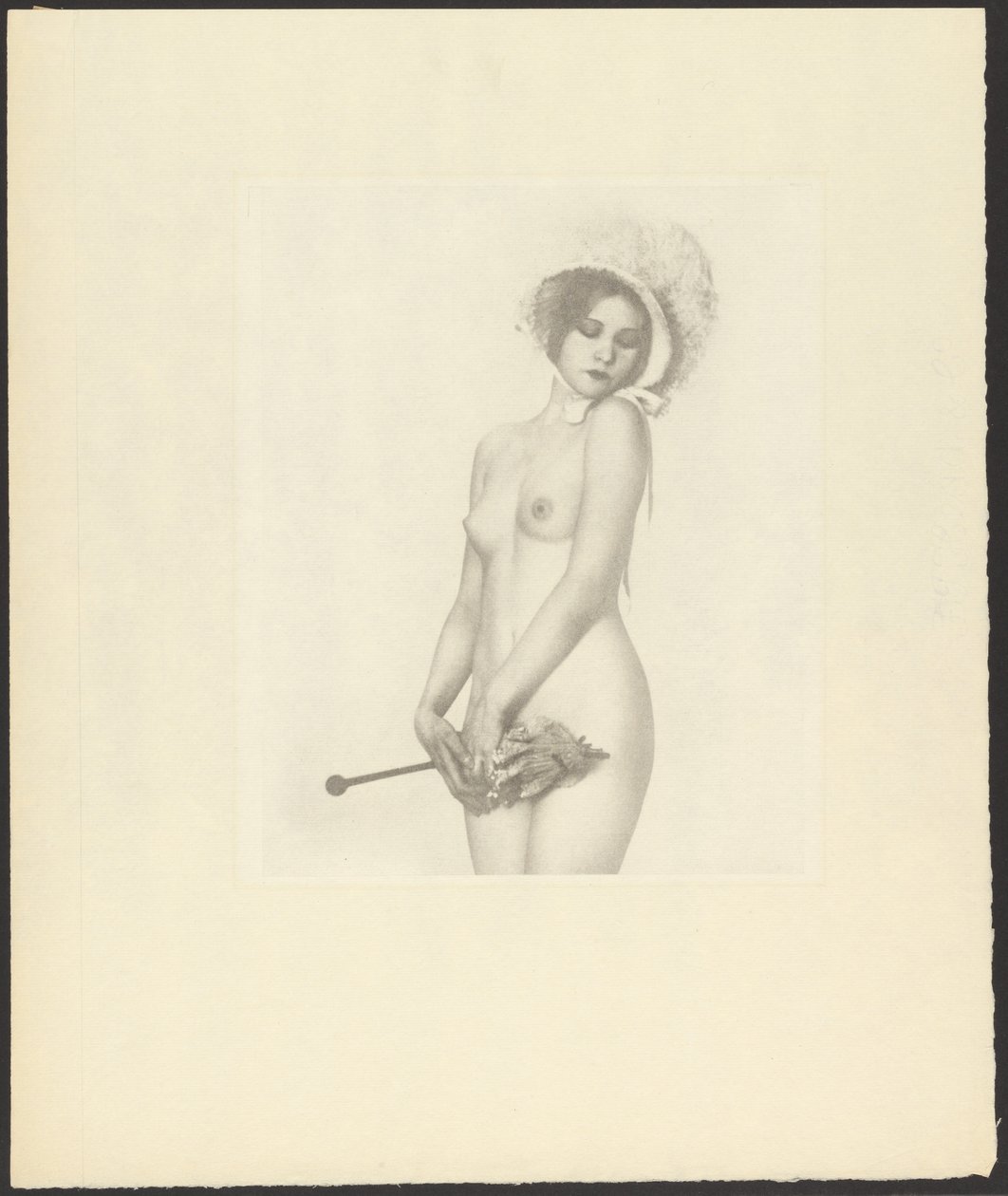 Female Nude Wearing Bonnet and Holding a Parasol by Arthur F. Kales