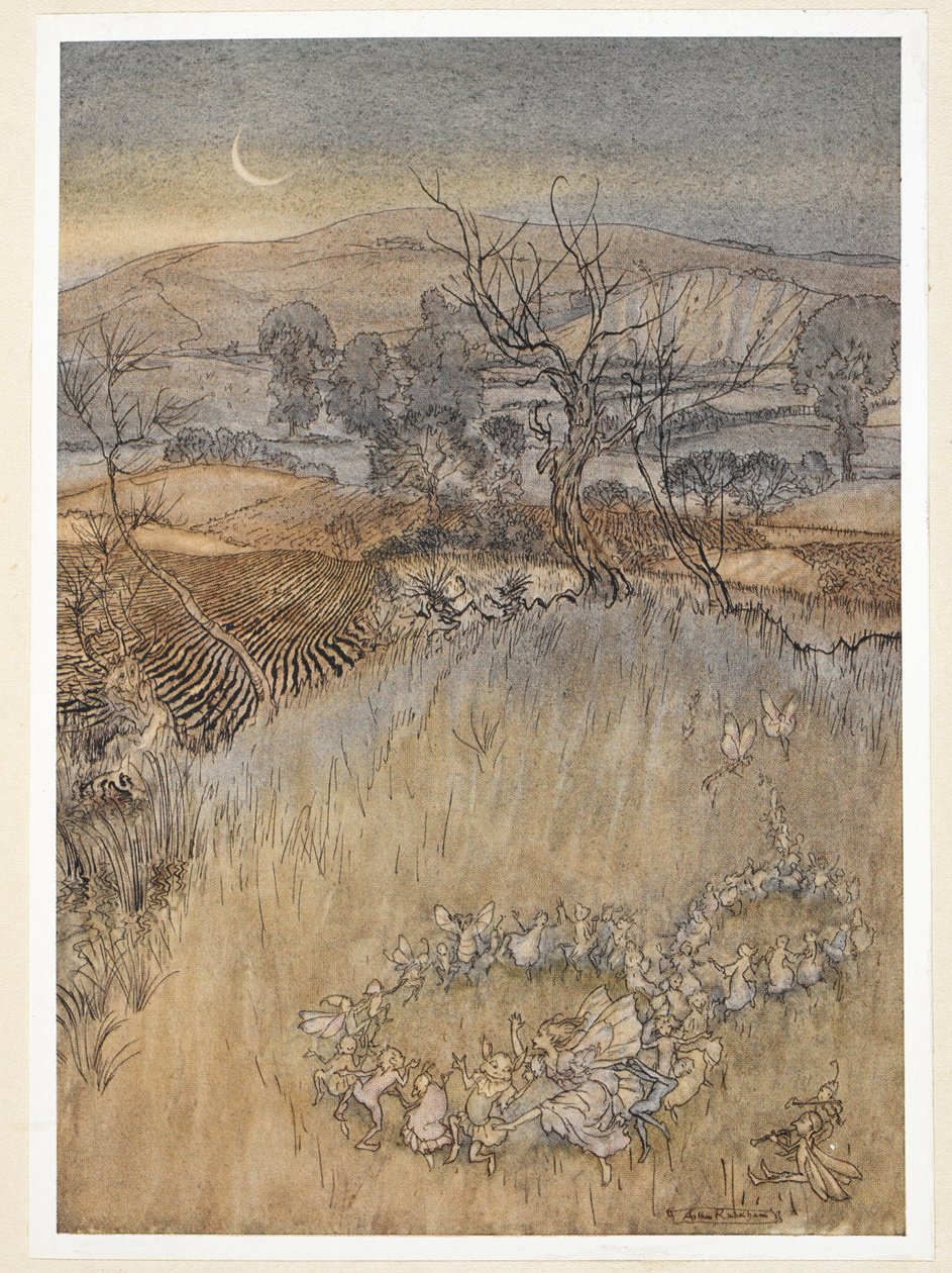 ACT V: Scene I, line 36 You demi-puppets that By moonshine do the green sour ringlets make. Ariel enters with Alonso and his companions, who have been charmed and obediently stand in a circle. Prospero speaks to them in their charmed state, praising Gonzal by Arthur Rackham