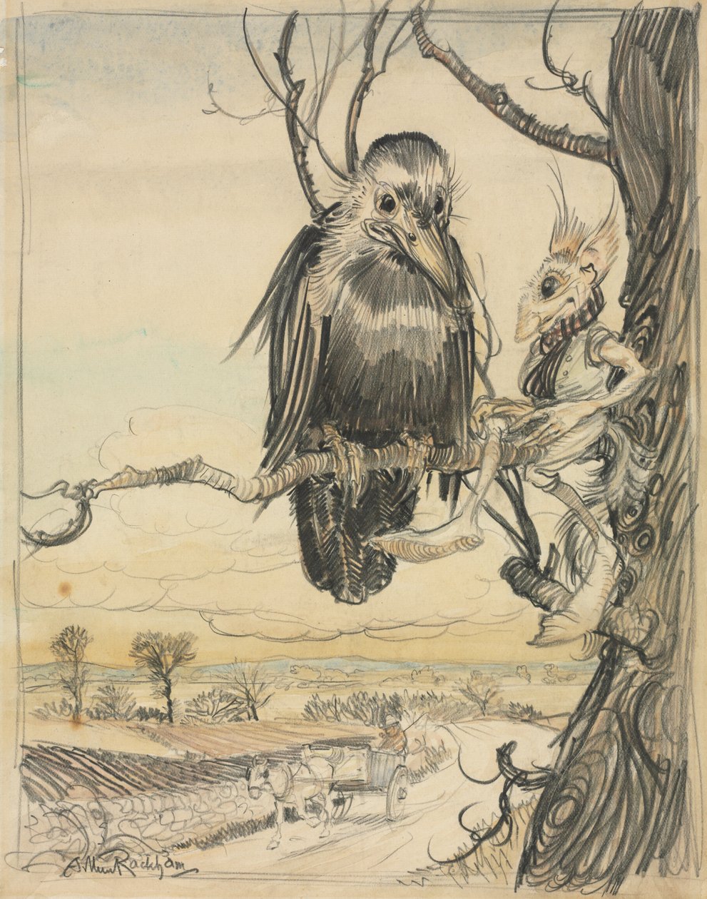 A Squirrel and a Crow by Arthur Rackham