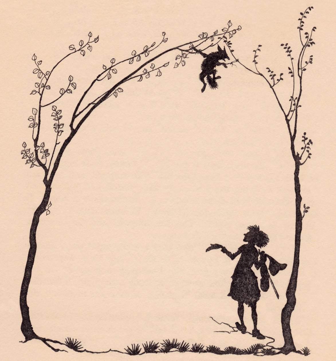 A Fox Tied by His Paws to Two Hazel Trees. Illustration by Arthur Rackham from Grimm