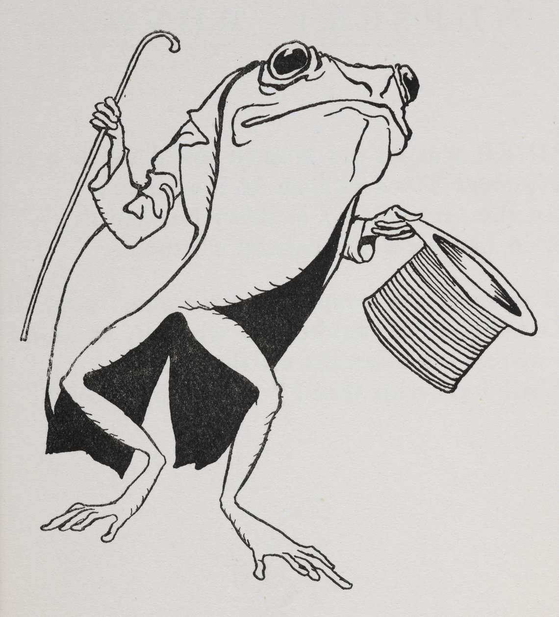 A frog wearing top hat and tails, carrying a cane by Arthur Rackham