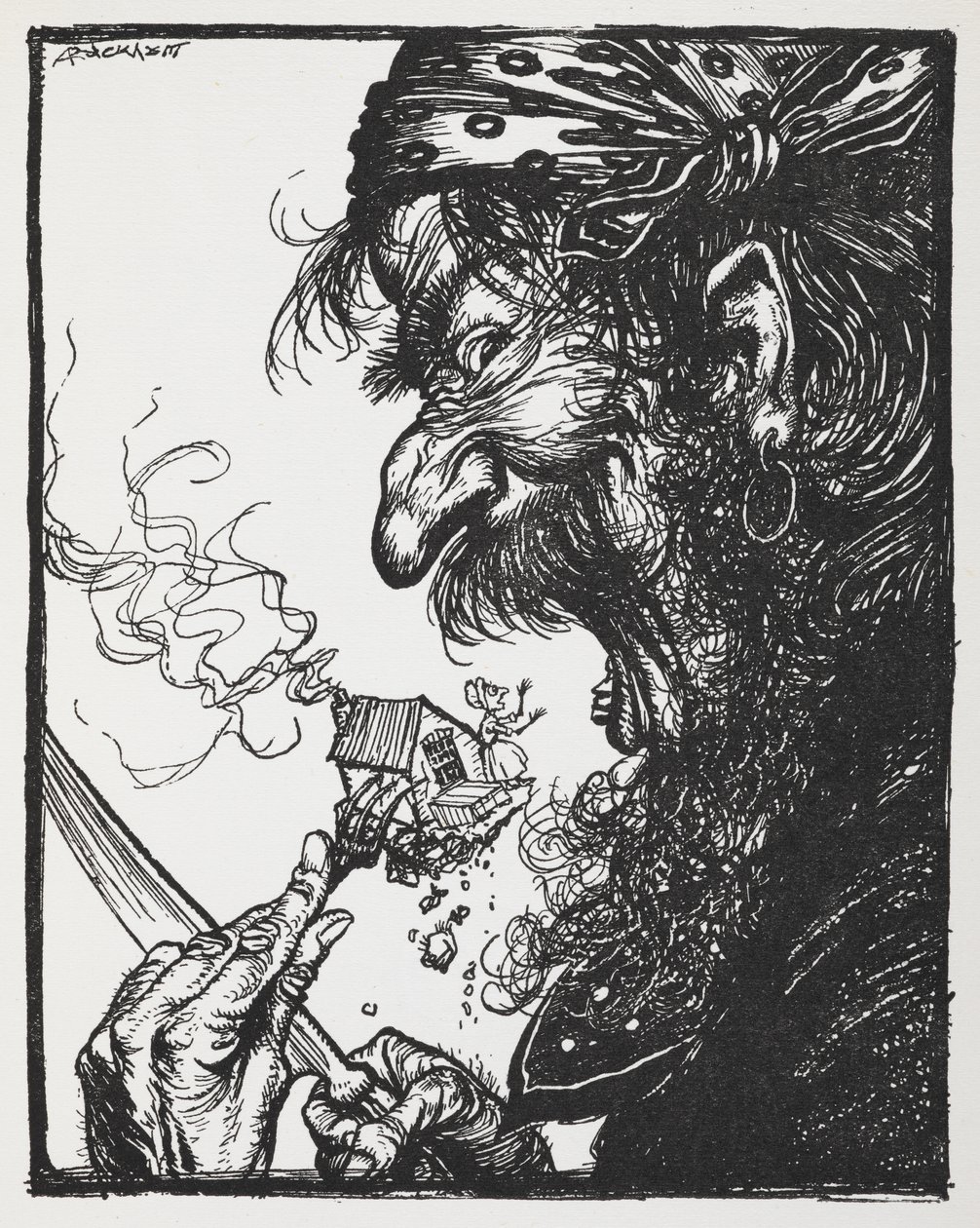 A Large Man Eating a Tiny Lady and Her House. by Arthur Rackham