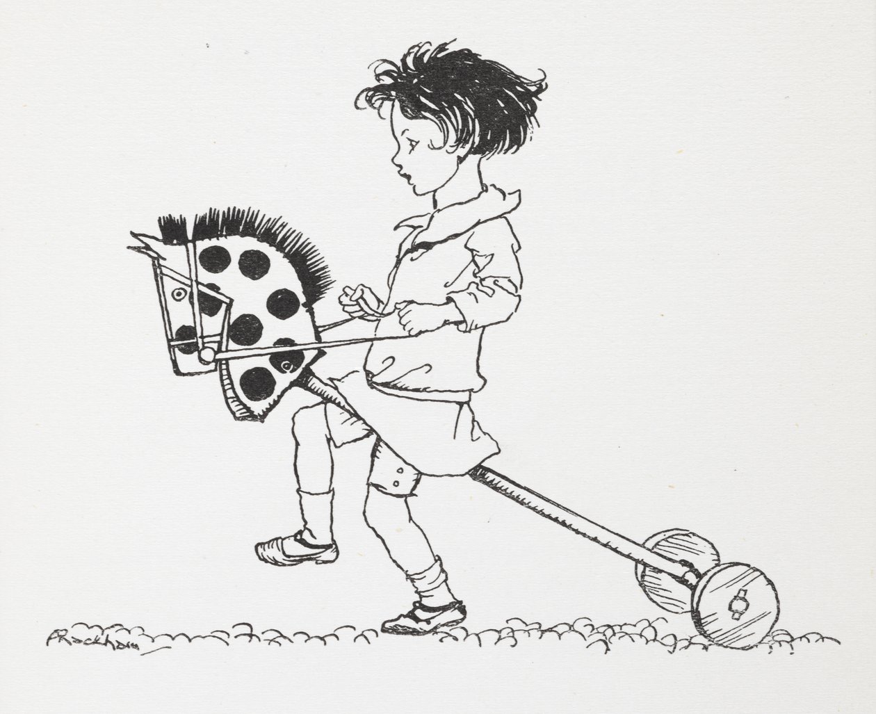 A little girl on a toy hobby horse by Arthur Rackham