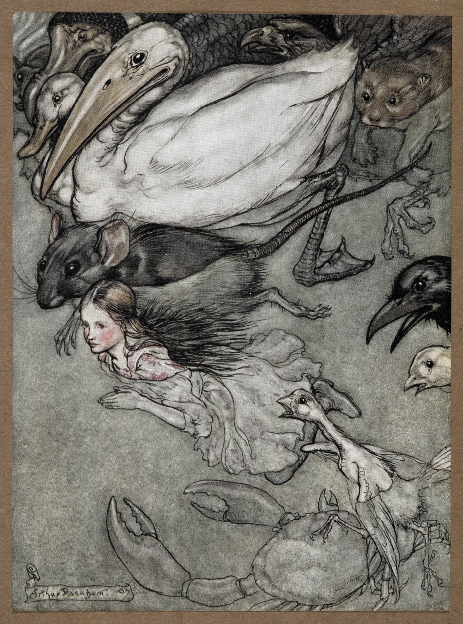 Alice and various animals swimming, including a rat, a duck, a dodo, a crow, a weasel, a crab and a chick by Arthur Rackham