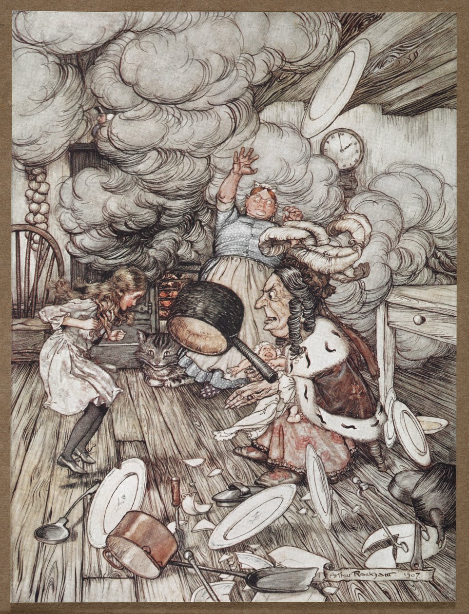 Alice in a kitchen with the Duchess, a cook and the Cheshire Cat by Arthur Rackham