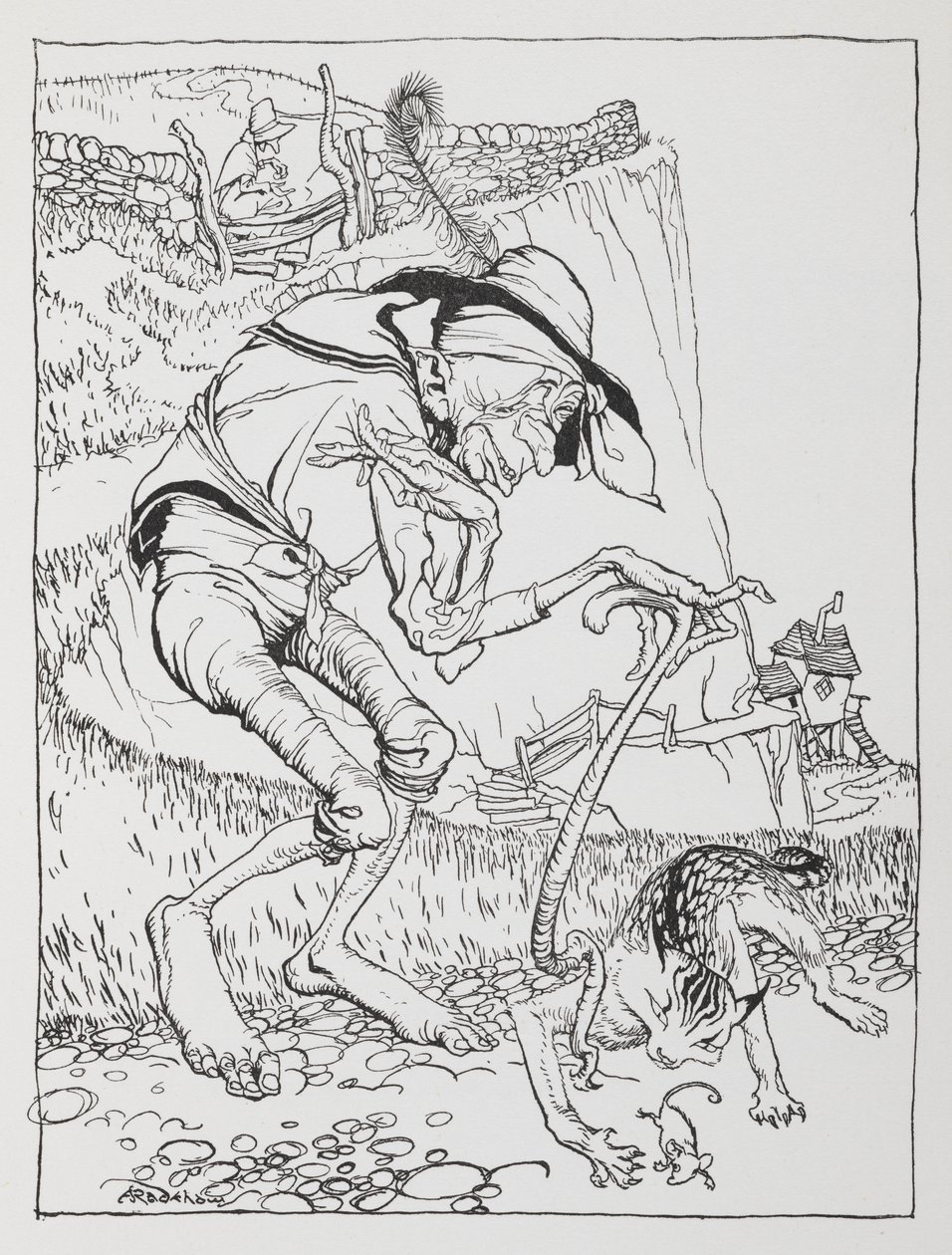 An old crooked man with his crooked cat and crooked house by Arthur Rackham