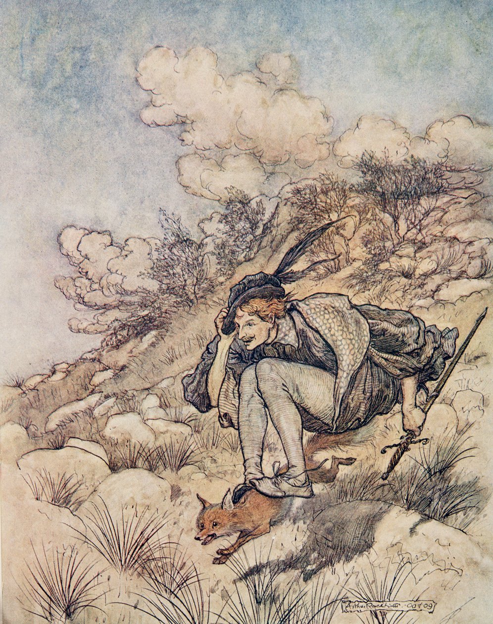 Away they flew over stock and stone, at such a pace that his hair whistled in the wind by Arthur Rackham