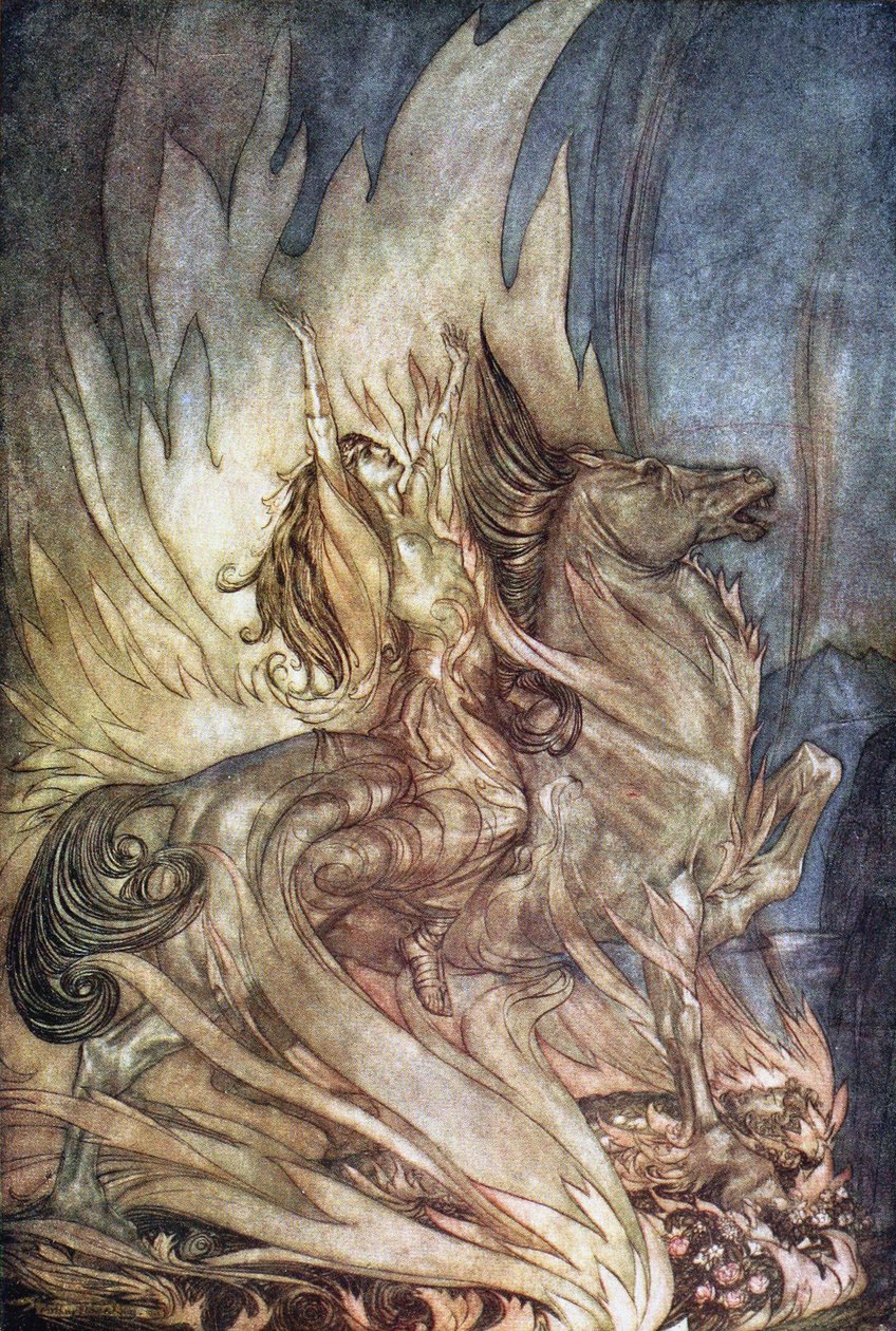 Brünnhilde on Grane Leaps onto the Funeral Pyre of Siegfried by Arthur Rackham