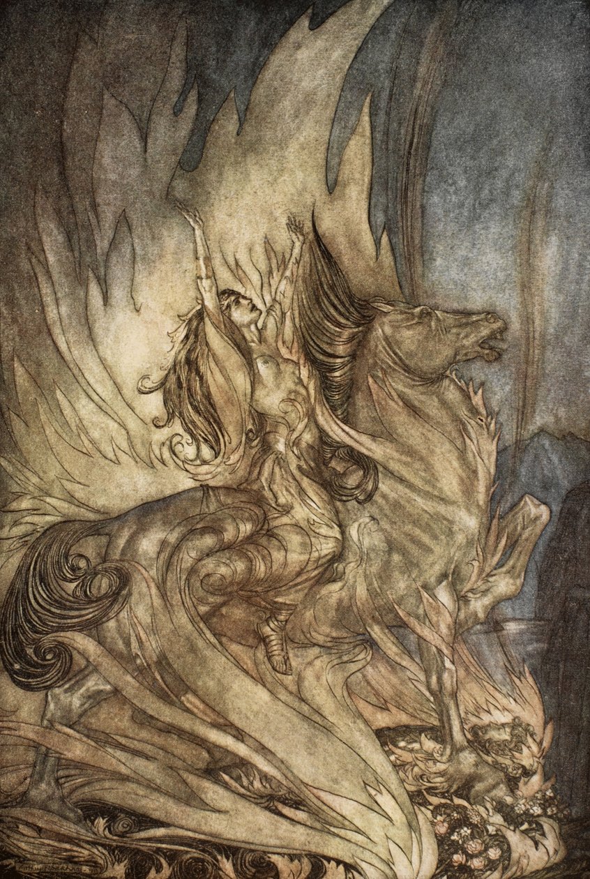 Brunnhilde on Grane leaps on to the funeral pyre of Siegfried, illustration from 