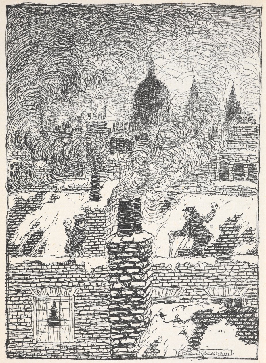 Children playing on rooftops in the snow at night, with the dome of St. Paul