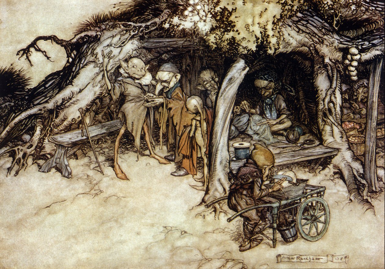 Elves make a jacket, Illustration by Arthur Rackham for The Dream of a Summer Night by William Shakespeare by Arthur Rackham