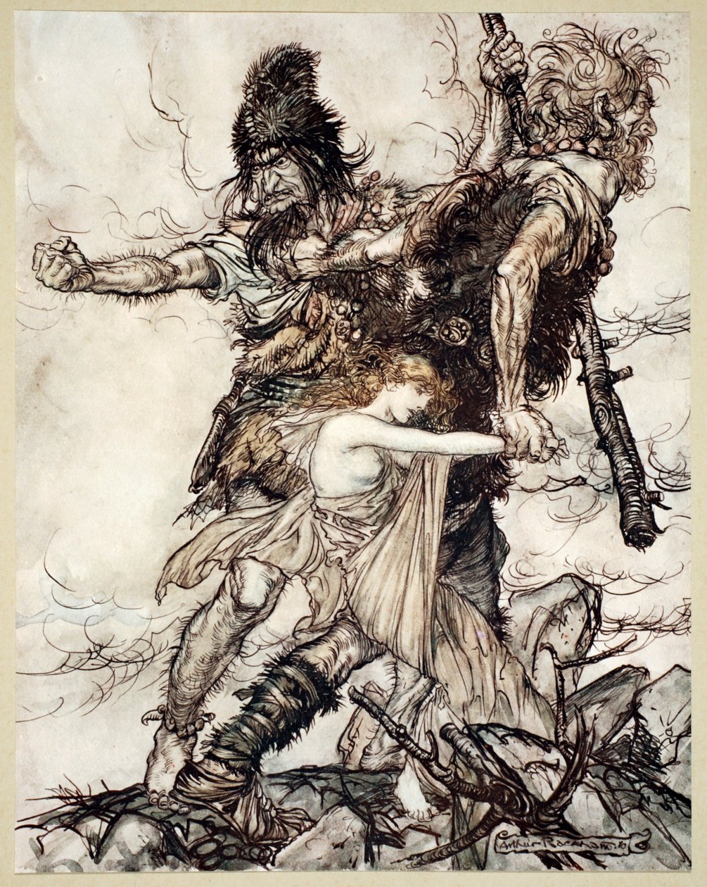 Fasolt Suddenly Seizes Freia and Drags Her to One Side with Fafner, 1910 by Arthur Rackham
