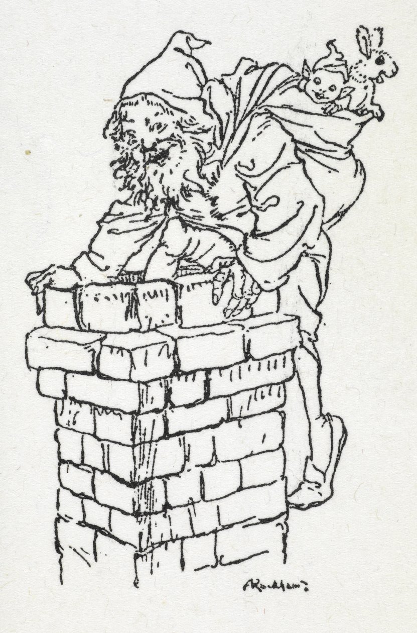 Father Christmas climbing down a chimney with a sack of gifts by Arthur Rackham