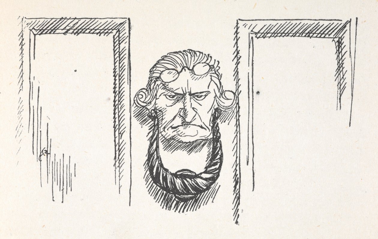 Front door knocker with the face of Scrooge by Arthur Rackham