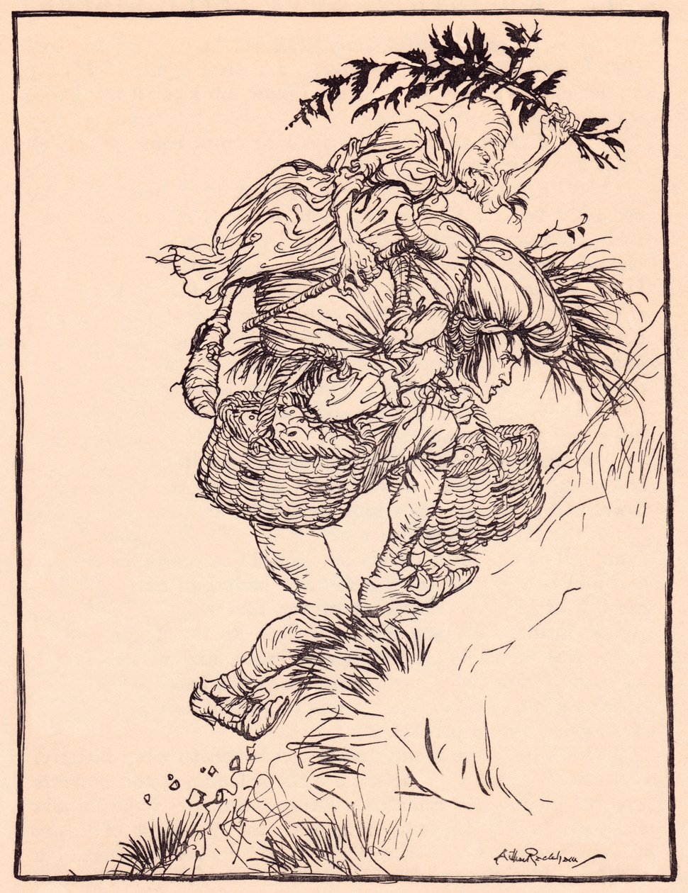 Groaning continually, he climbed the mountain. Illustration by Arthur Rackham from Grimm