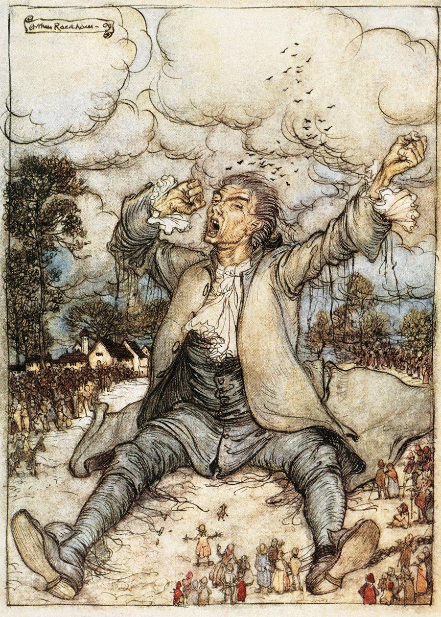 Gulliver awaking in Lilliput, Illustration from Gulliver