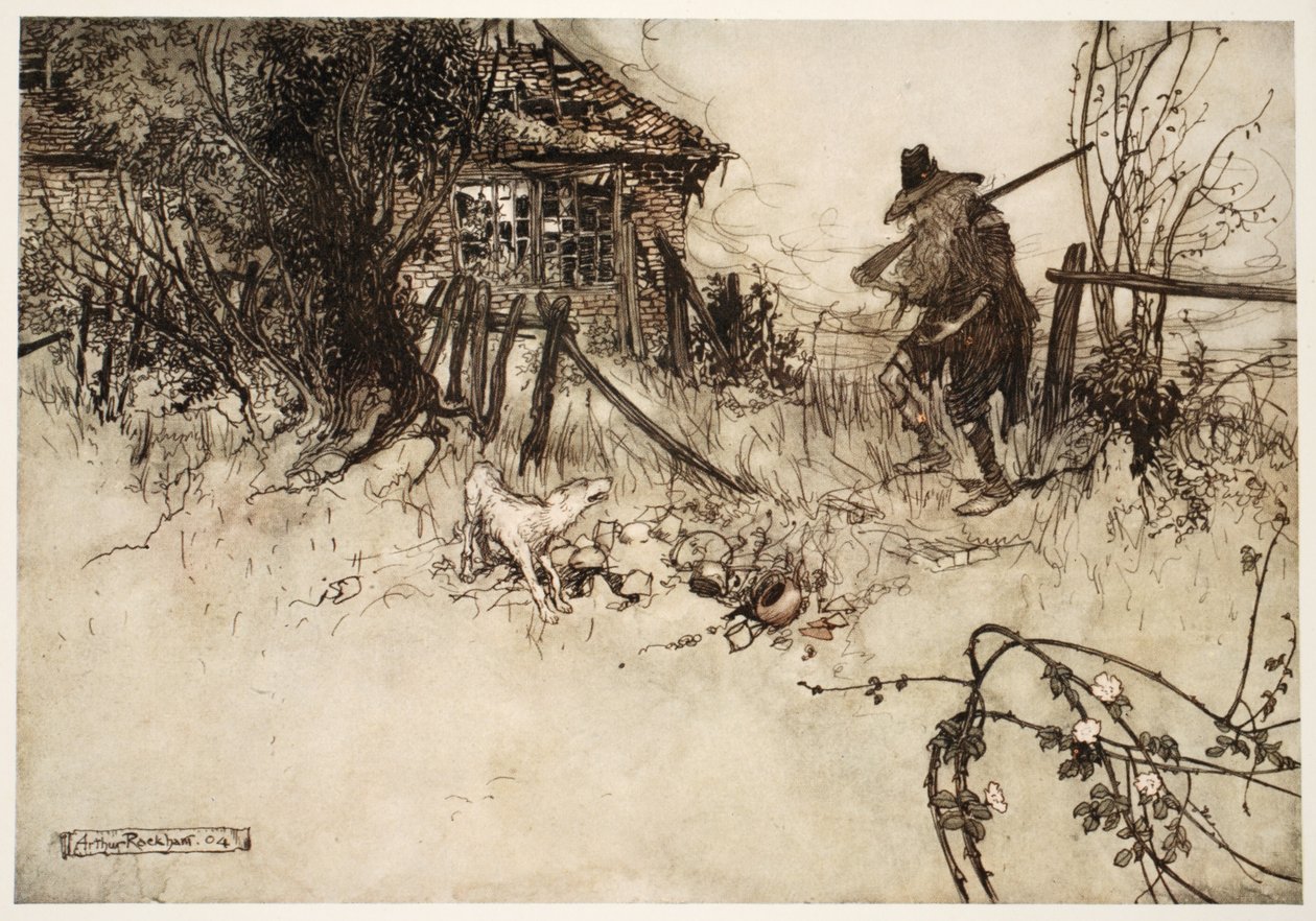 He found the house gone to decay. My very dog, sighed poor Rip, has forgotten me, from Rip Van Winkle by Washington Irving by Arthur Rackham