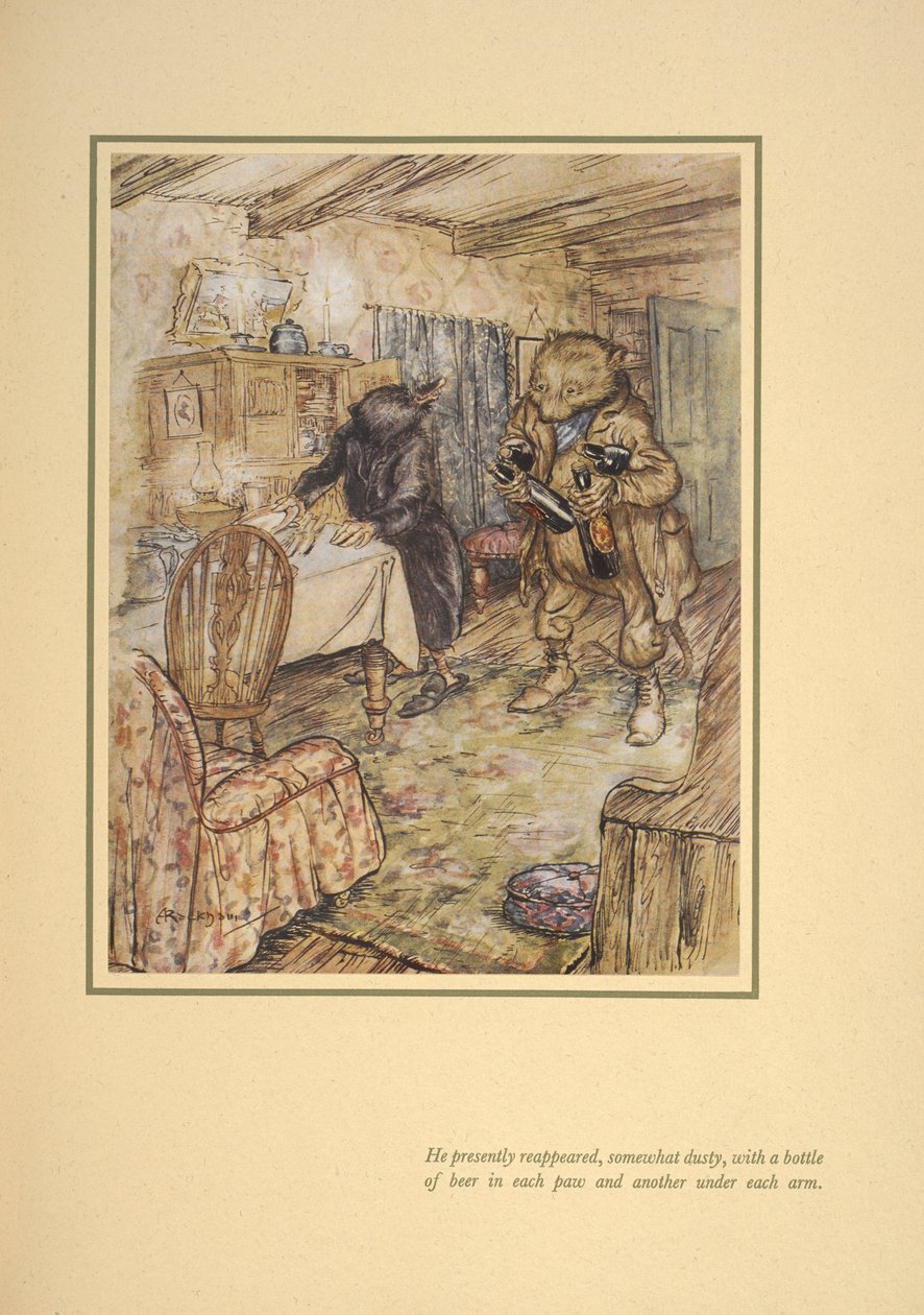 He presently reappeared, somewhat dusty, with a bottle of beer in each beer under each arm by Arthur Rackham