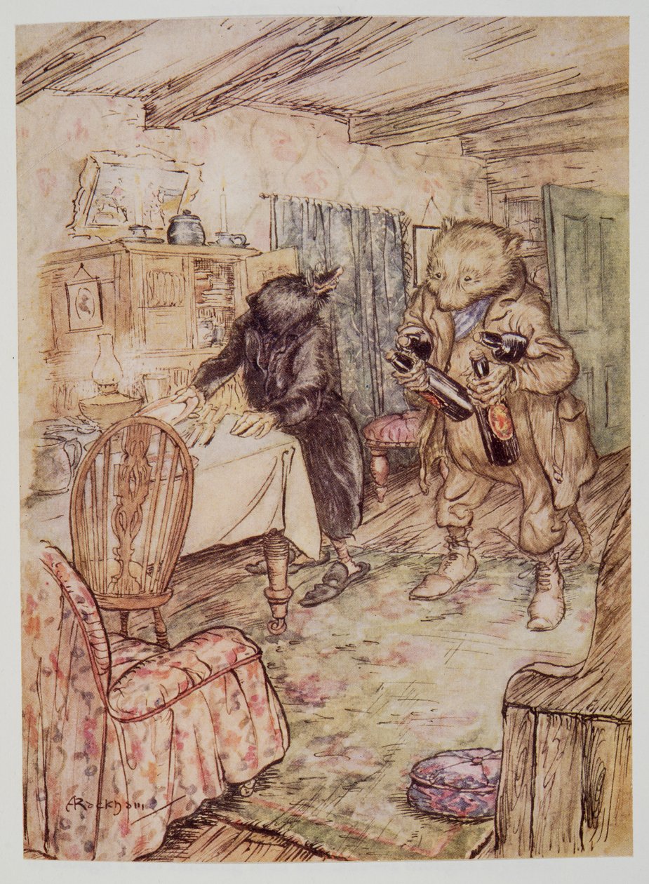 He presently reappeared, somewhat dusty, with a bottle of beer in each paw and another under each arm, from Wind in the Willows by Kenneth Grahame, pub. 1940 by Arthur Rackham
