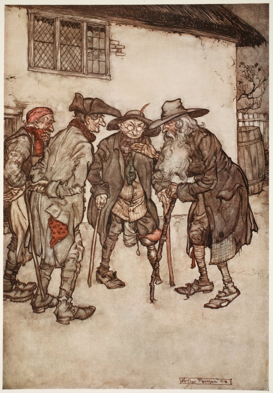 He soon found many of his former cronies, though all rather the worse for the wear and tear of time., from Rip Van Winkle by Washington Irving, pub. 1910 by Arthur Rackham