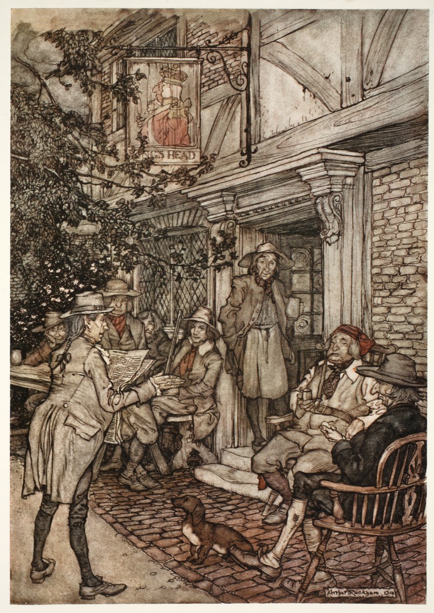 He used to console himself by frequenting a kind of perpetual club of the sages, philosophers and other idle personages, which held its sessions before a small inn., from Rip Van Winkle by Washington Irving by Arthur Rackham