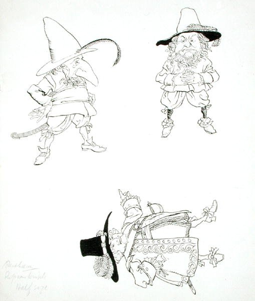 He was a stout old gentleman, with a weatherbeaten countenance; he wore a laced doublet, broad belt and hanger, high-crowned hat and feather, red stockings and high-heeled shoes, illustration from 