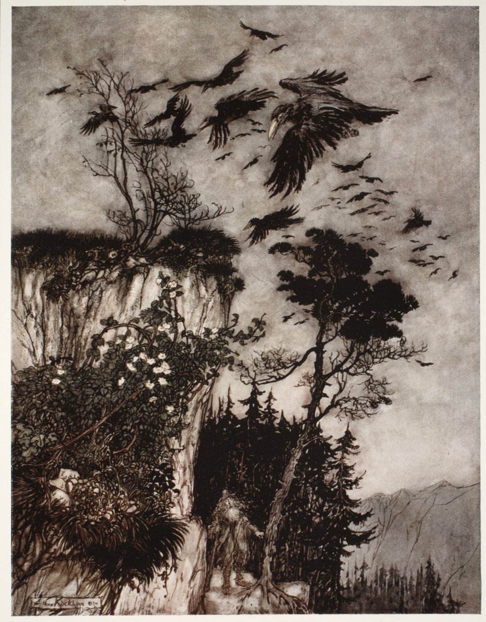 He was only answered by a flock of idle crows, from Rip Van Winkle by Washington Irving by Arthur Rackham