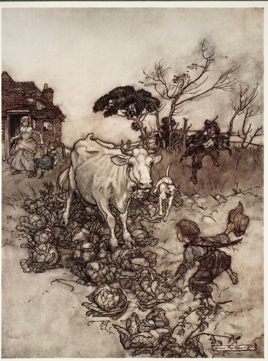 His cow would go astray or get among the cabbages, from Rip Van Winkle by Washington Irving by Arthur Rackham