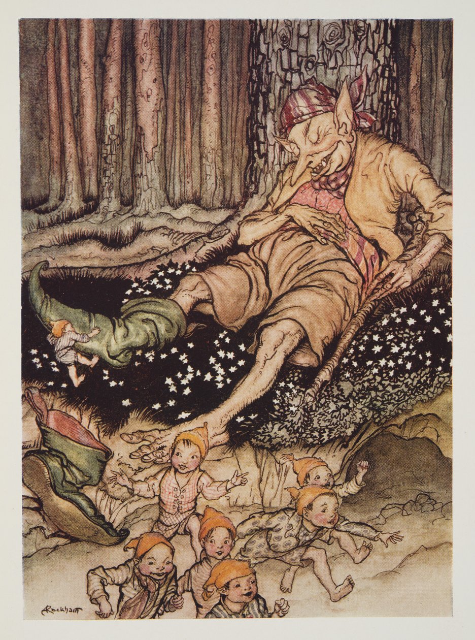 Hop-o-my-thumb went up to the Ogre softly and pulled off his seven-league boots, from The Arthur Rackham Fairy Book by Arthur Rackham