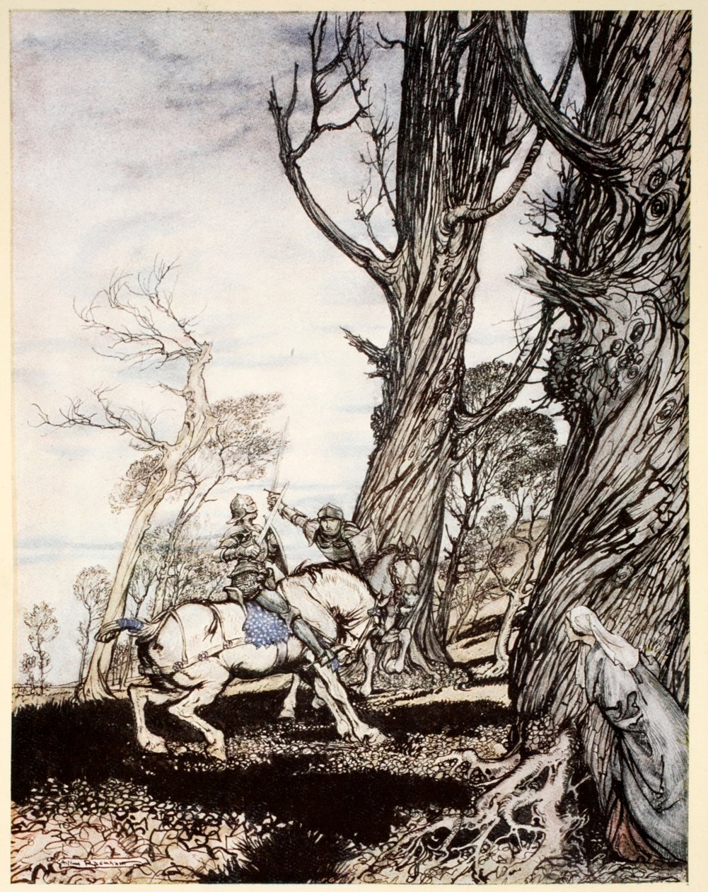 How Sir Launcelot slew the knight Sir Peris de Forest Savage that did distress ladies, damosels and gentlewomen, illustration from 