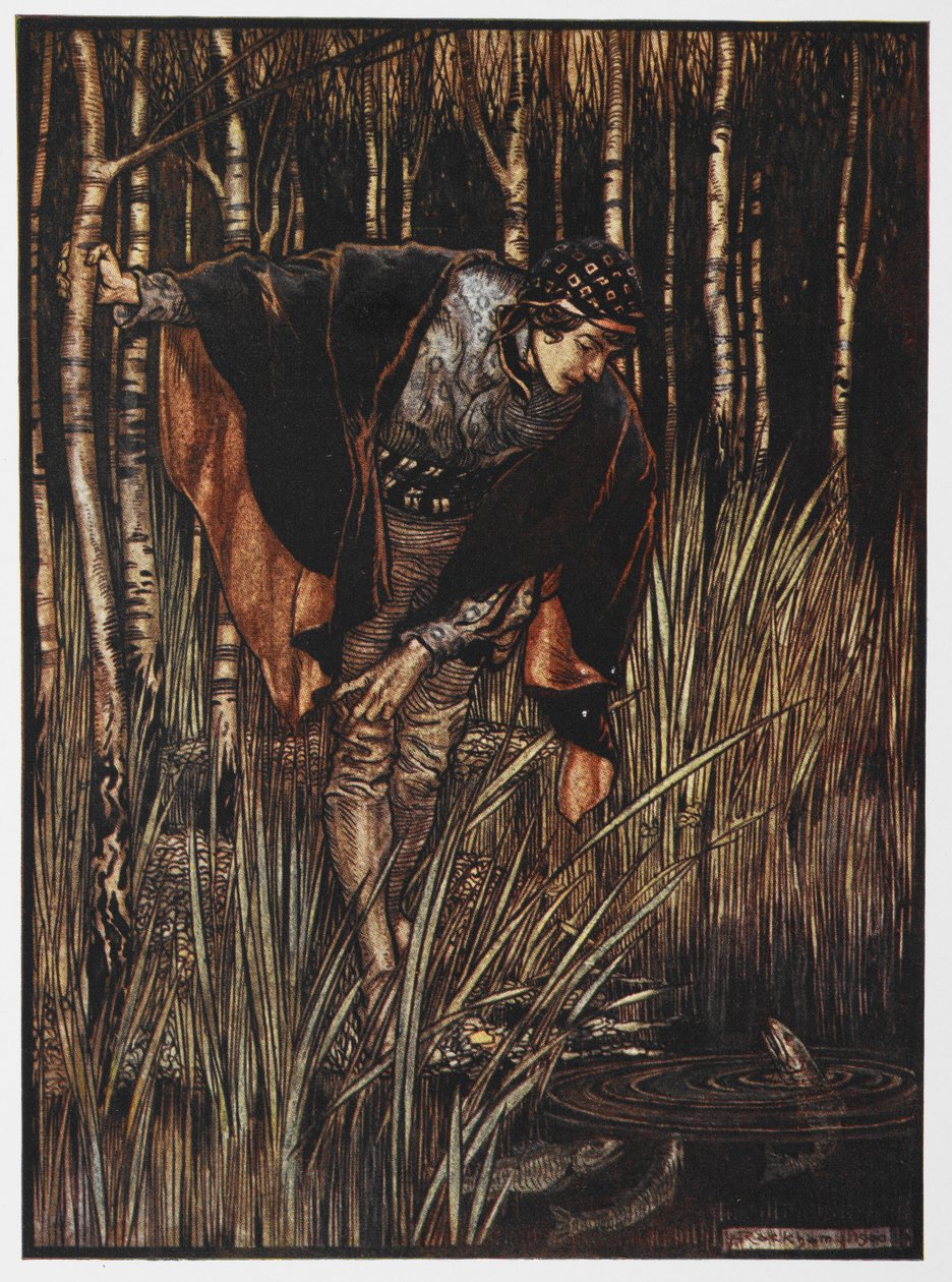 Illustration of a Youth by a Pond from The White Snake by Arthur Rackham