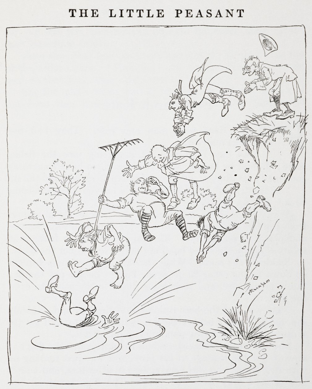 Illustration of men jumping off a cliff into a pond from The Little Peasants by Arthur Rackham