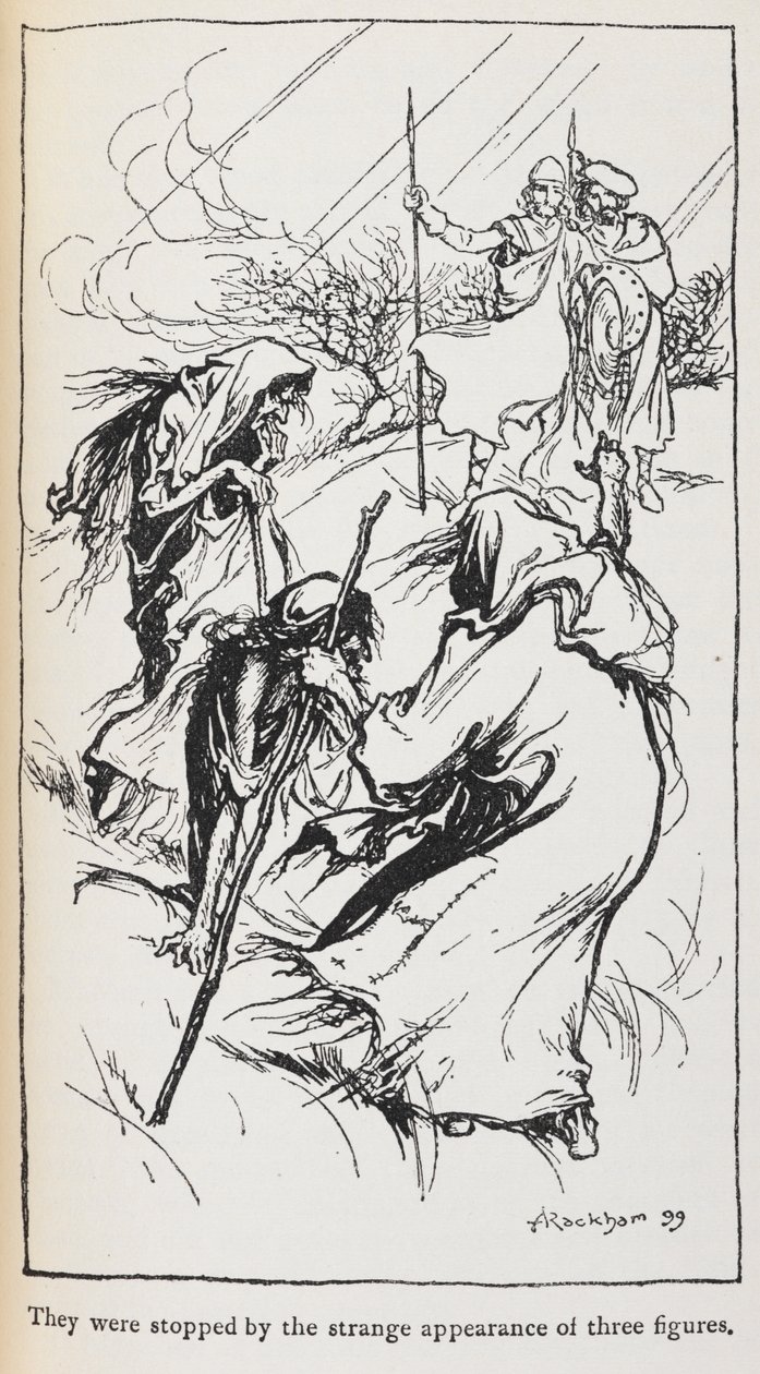 Illustration of the three witches, Macbeth and Banquo by Arthur Rackham