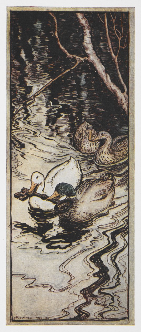 Illustration of Two Ducks Carrying a Key from The Queen Bee by Arthur Rackham
