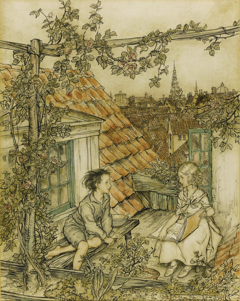 Kay and Gerda in their garden high up on the roof. Illustration for the tale of The Snow Queen by Arthur Rackham