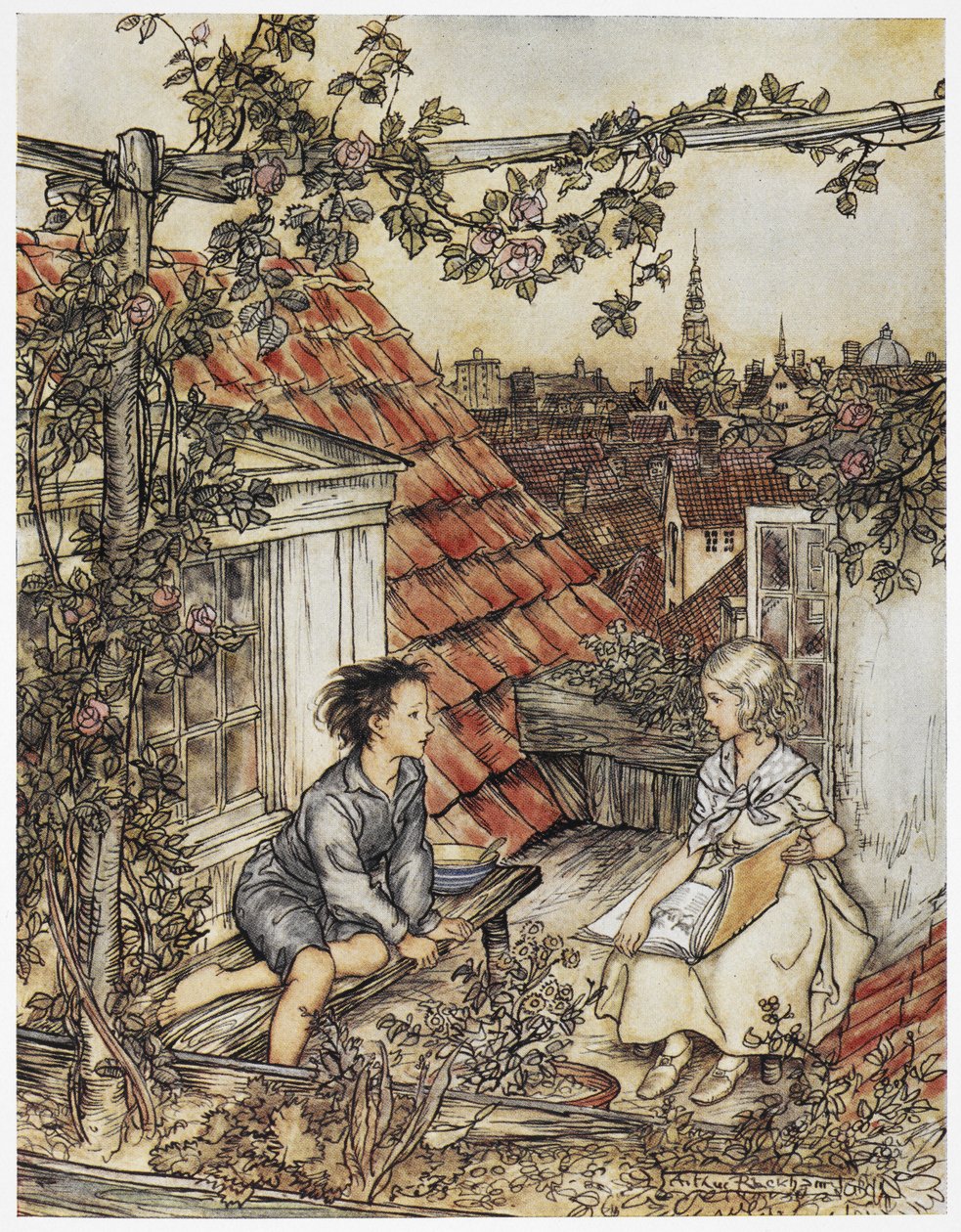 Kay and Gerda in their garden high up on the roof. Two children sitting on the roof of a house. Illustration for 