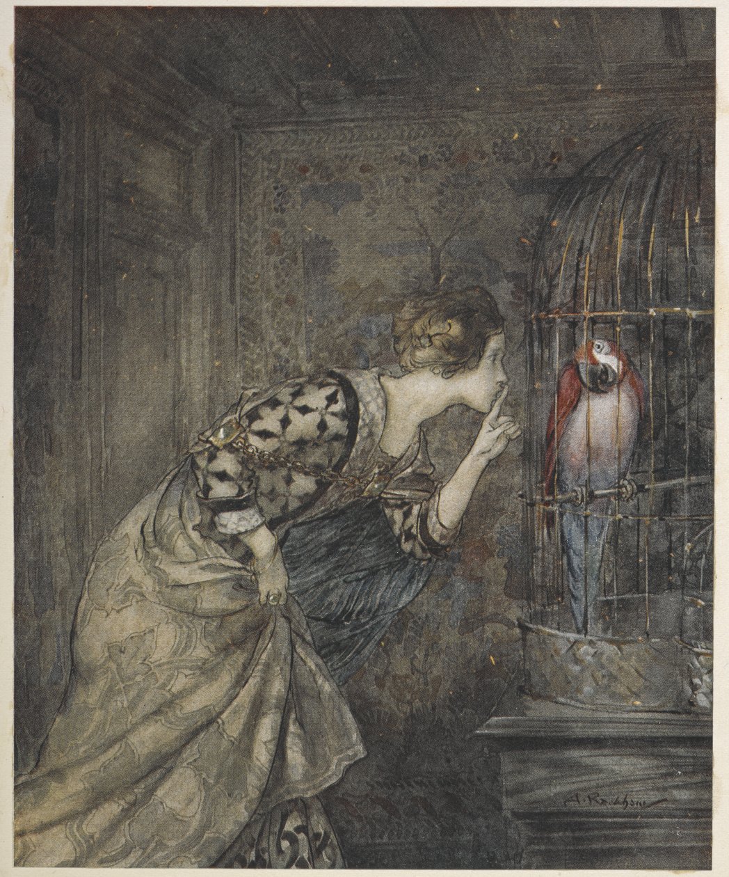 May Colvin and a parrot in a cage by Arthur Rackham